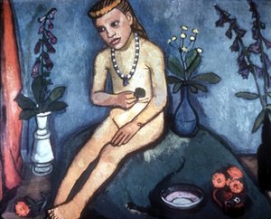 Desnudo femenino sentado con jarrones de flores